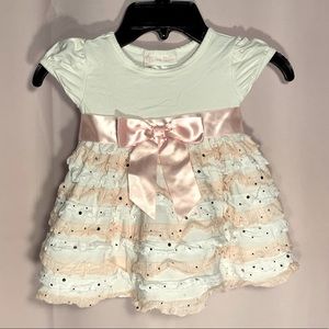 Baby Girl Pink and White Party Dress with Silver Sequins/Pink Satin Ribbon 6-9M